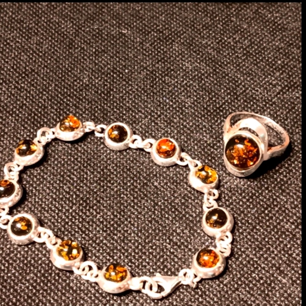Set Baltic Amber Bracelet Ring Sterling Silver - Picture 15 of 15